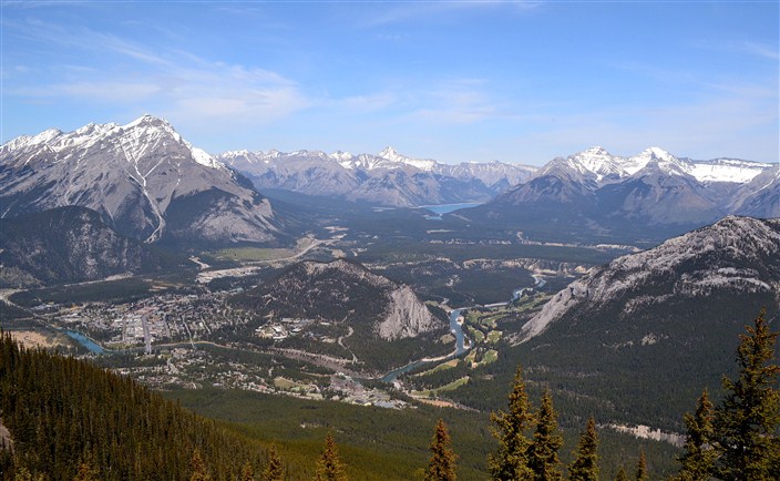 The town of Banff, left center, and surrounding terrain